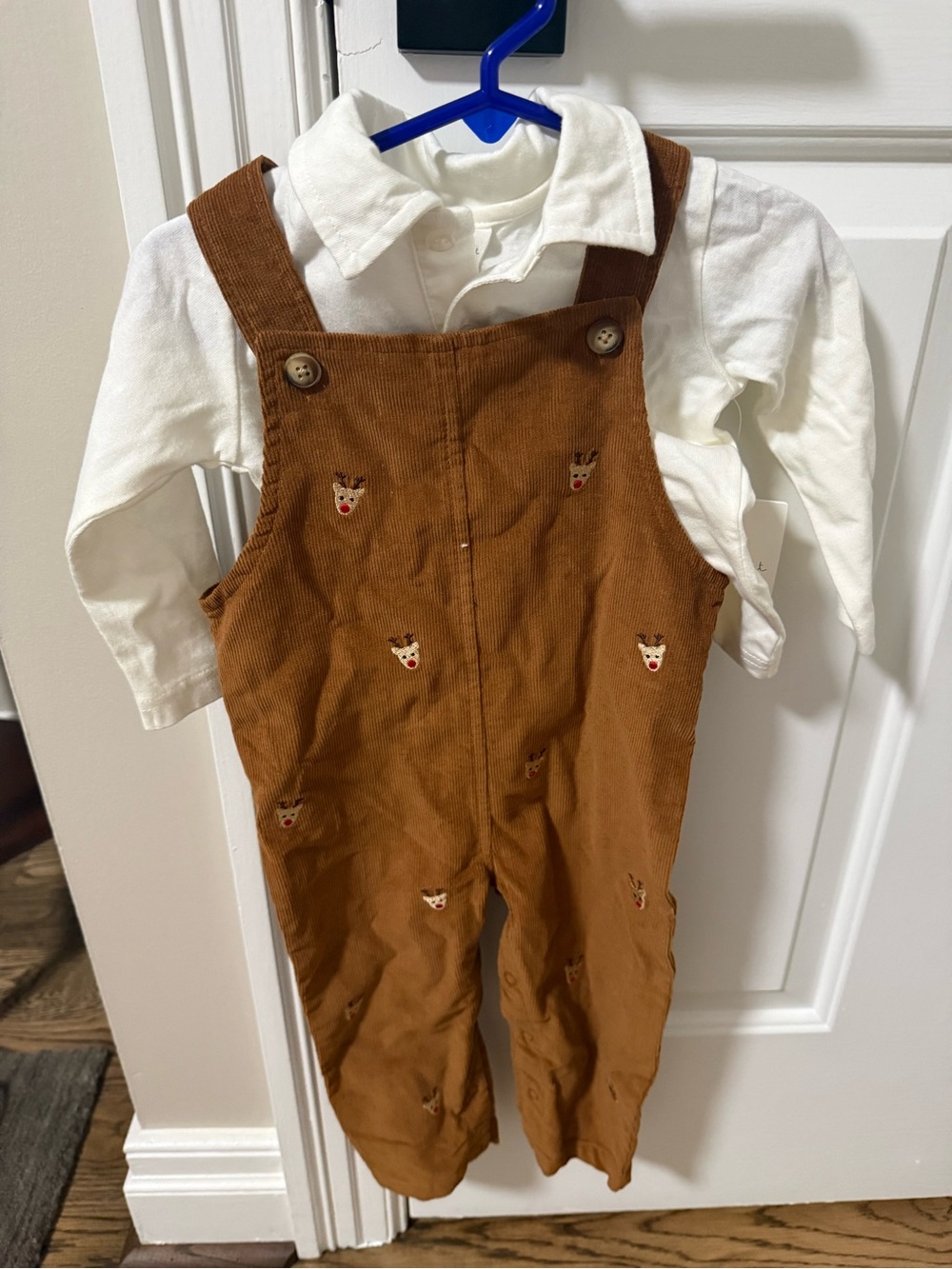 Starting Out Brown Corduroy Overalls with Reindeer Embroidery